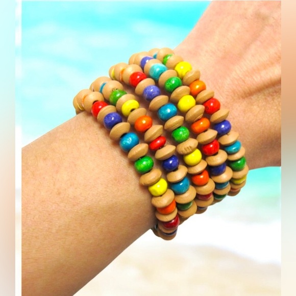 Boho Rainbow Wood Wrap Bracelet Hippie Color Burst Beaded Cuff 5 Loop Handmade - Picture 2 of 4